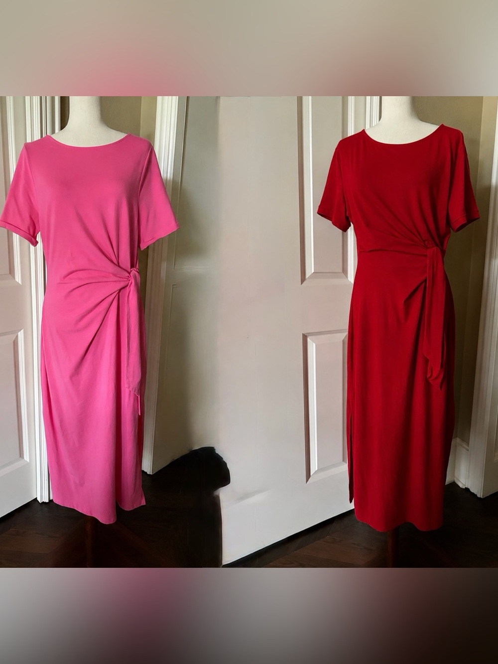 Lot of 2 Knot-Detail Midi Dress Bright Pink and Red L